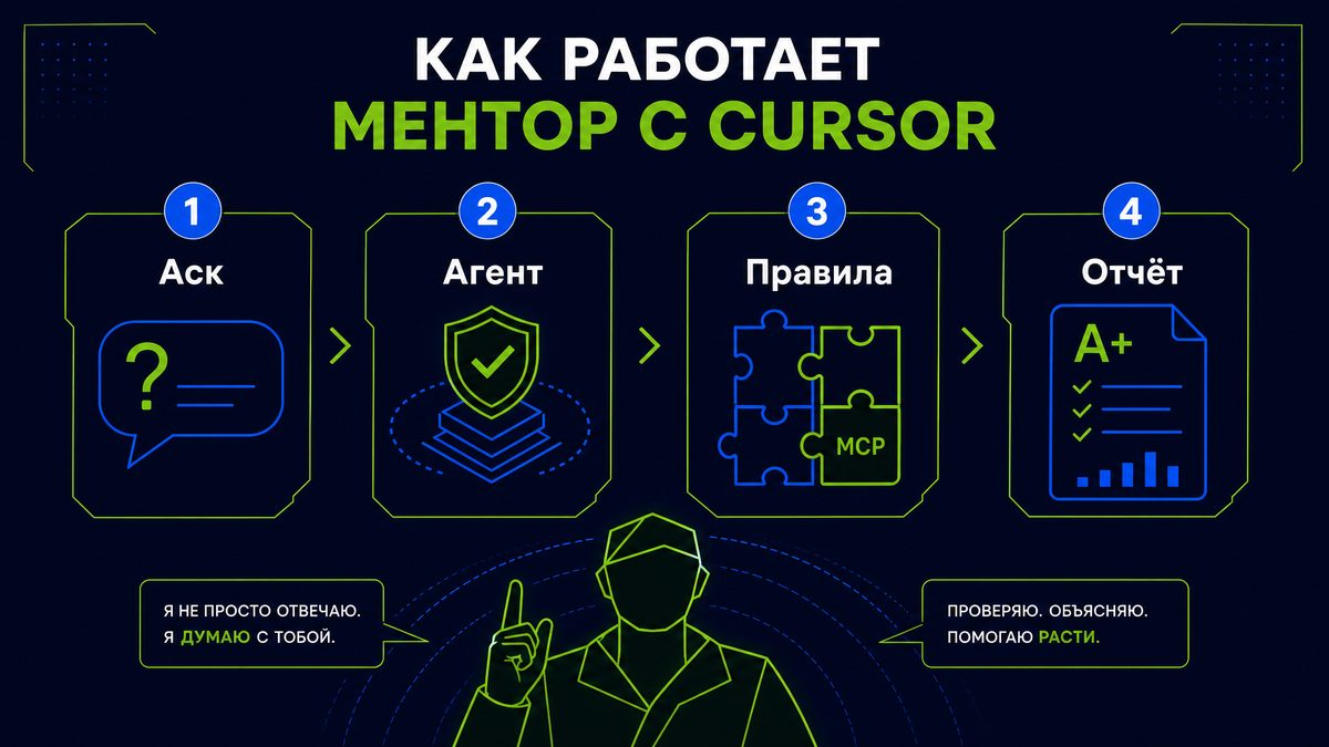 Cursor Jr: шаги Ask, Agent, правила MCP и отчёт в Canvas