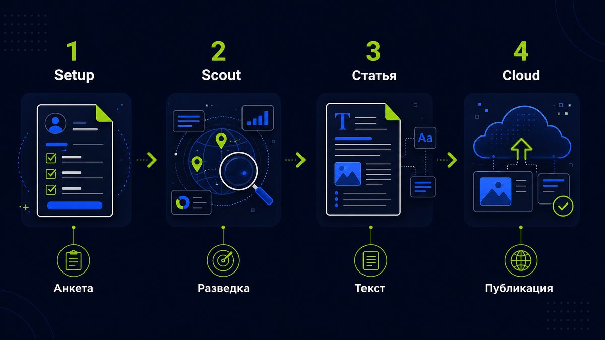 Excalibur Cloud: шаги анкета, разведка, текст и публикация в Cursor Cloud