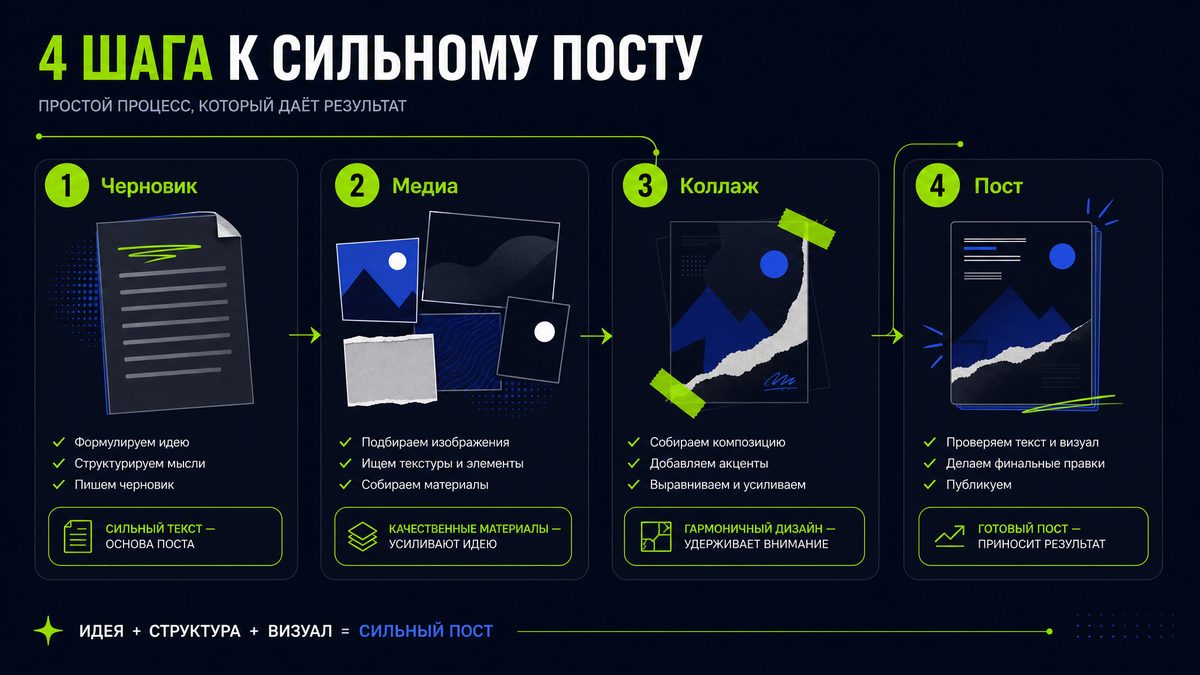 Telegram Rich: шаги черновик, медиа, коллаж и публикация поста