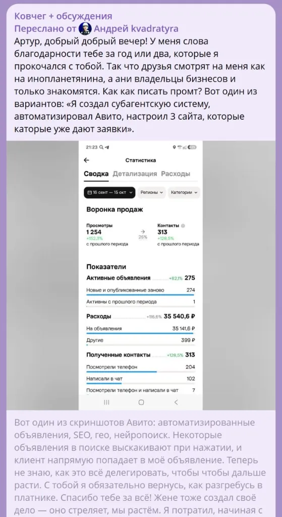 Отзыв Андрея: автоматизировал Авито и три сайта, 1 254 просмотра и 313 контактов
