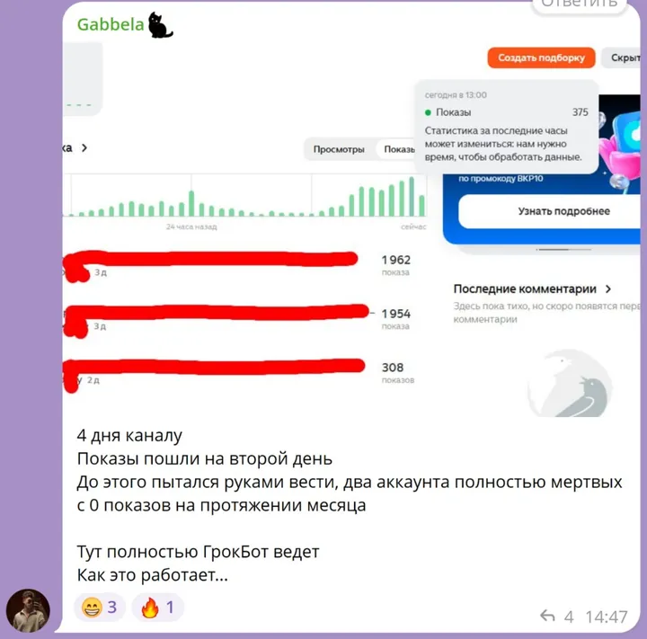 Отзыв Gabbela: каналу 4 дня, показы со второго дня, ведёт Grok Bot. Раньше два аккаунта давали ноль показов