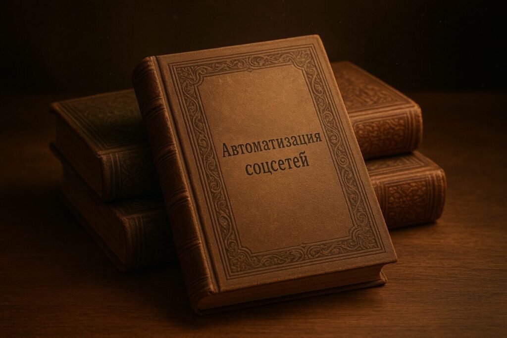 Сказочная обложка из старых книг с тёплым светом и короткой надписью "Автоматизация соцсетей" для статьи о Make.com