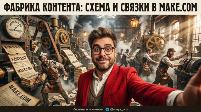 Схема контент-завода и связок в Make.com с отзывами и примерами