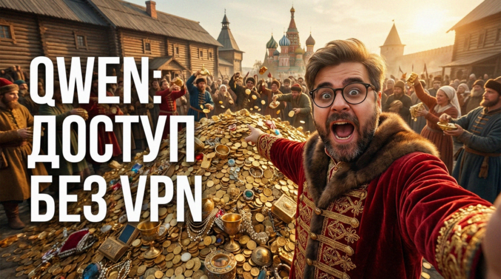 Логотип нейросети Qwen на фоне цифровой схемы автоматизации с пометкой доступно в РФ без VPN