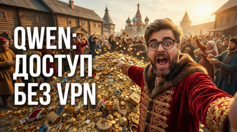 Логотип нейросети Qwen на фоне цифровой схемы автоматизации с пометкой доступно в РФ без VPN