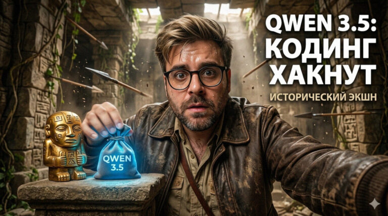 Иллюстрация нейросети Qwen 3.5 на фоне фрагментов программного кода