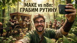 Сравнение интерфейсов и логотипов Make.com и n8n в контексте автоматизации создания контента