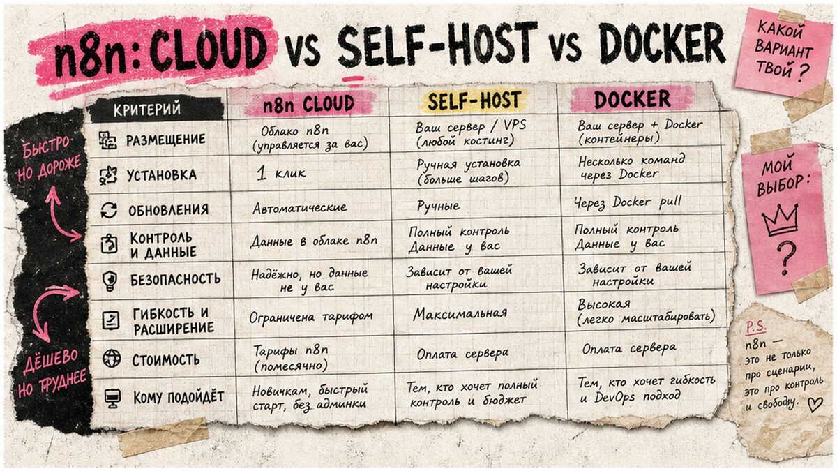 Сравнение способов запуска n8n в 2026: Cloud, self-host, Docker