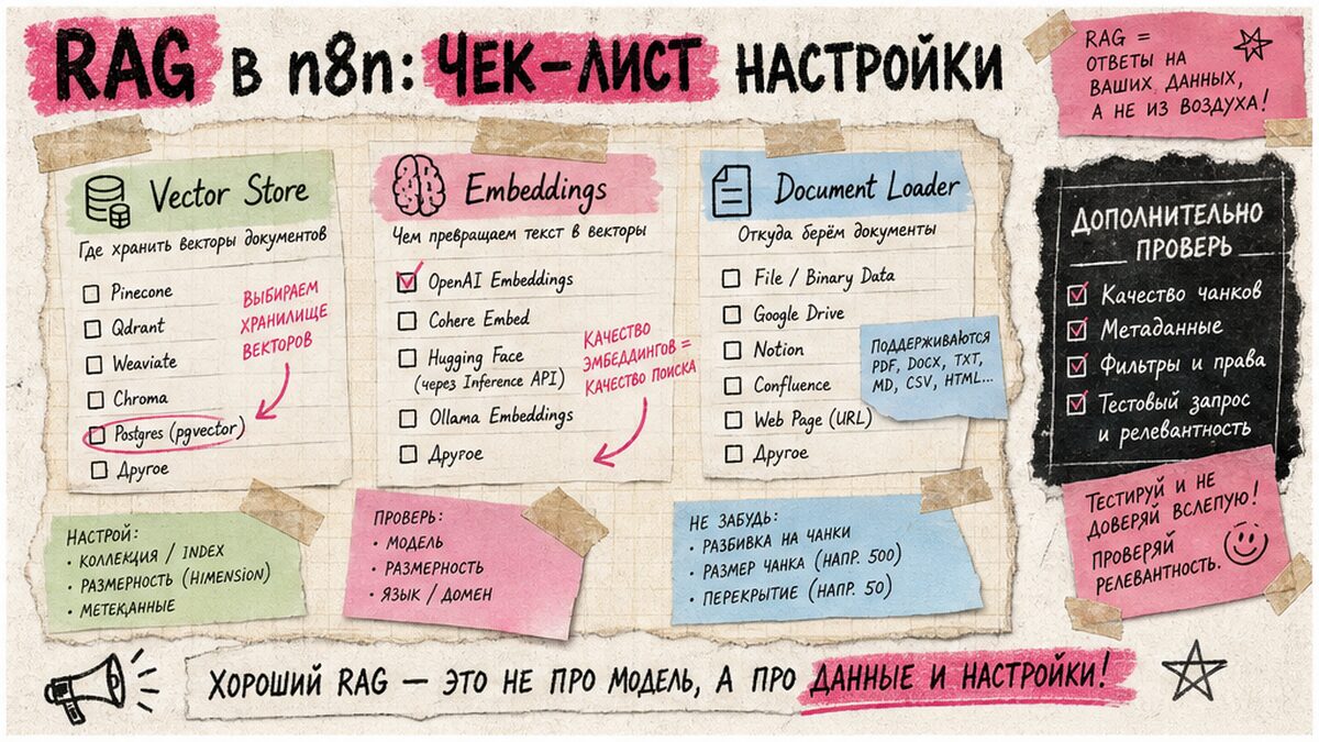 Чеклист подключения RAG и памяти в n8n без кода