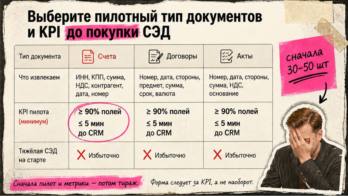 Сравнительная таблица типов документов и KPI пилота до покупки СЭД