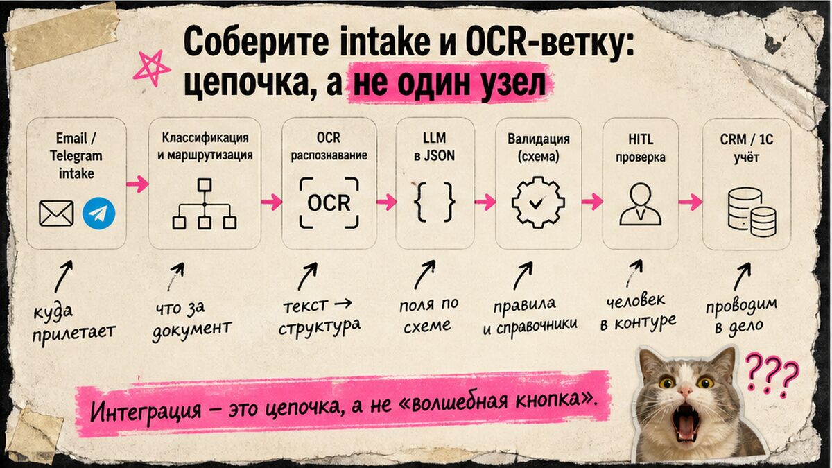 Workflow-схема intake и OCR-ветки: цепочка узлов, а не один OCR