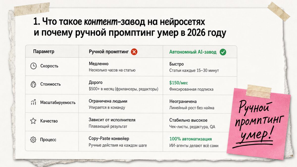 Сравнение: Ручной промптинг против Автономного ИИ-контент-завода