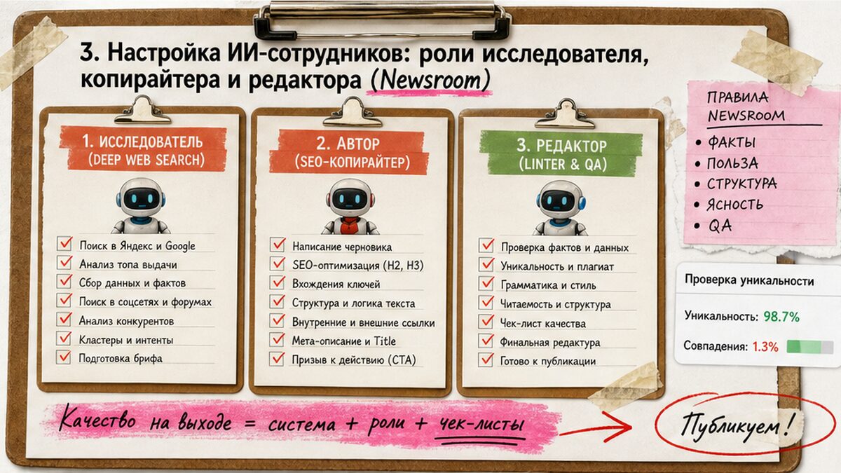Карточки ролей ИИ-сотрудников: Исследователь, Копирайтер, Редактор