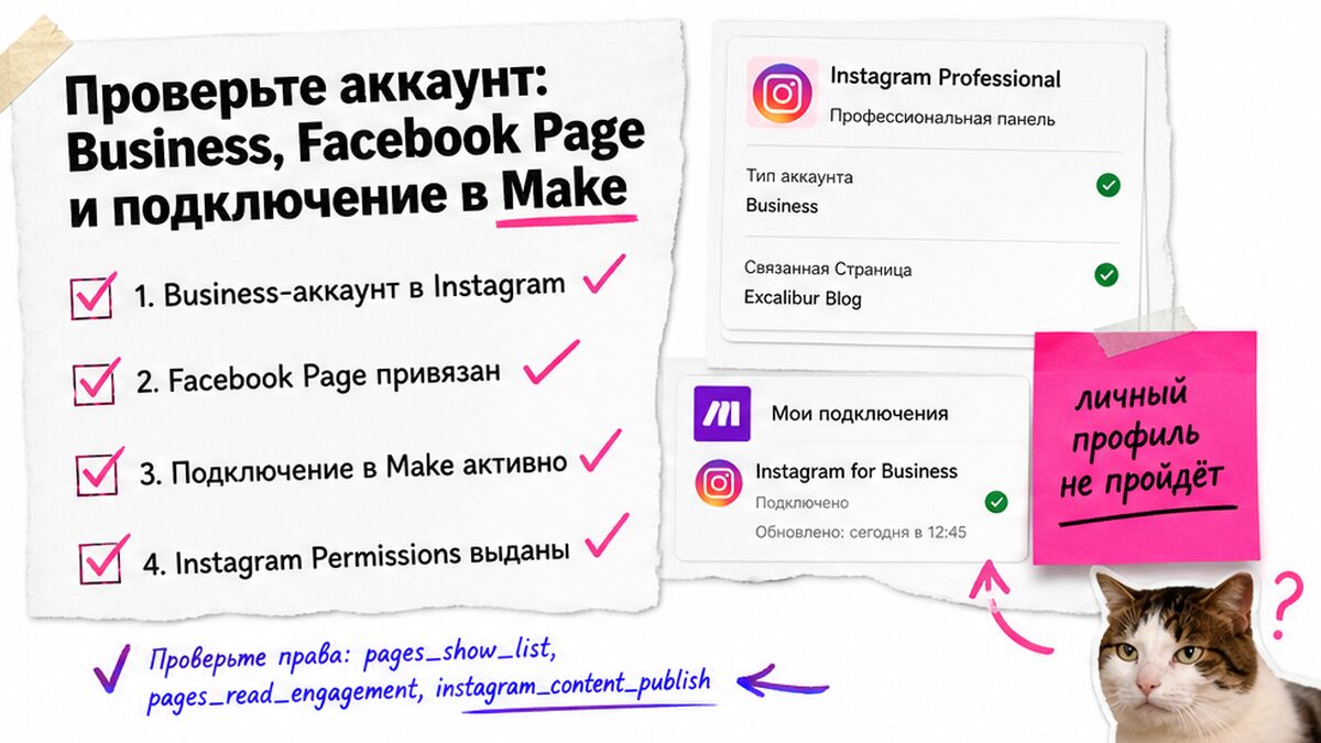 Чеклист: Business-аккаунт, Facebook Page и подключение Instagram в Make