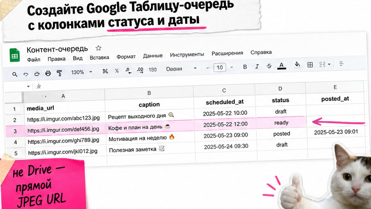Таблица-очередь Google Sheets: media_url, status, scheduled_at для автопостинга
