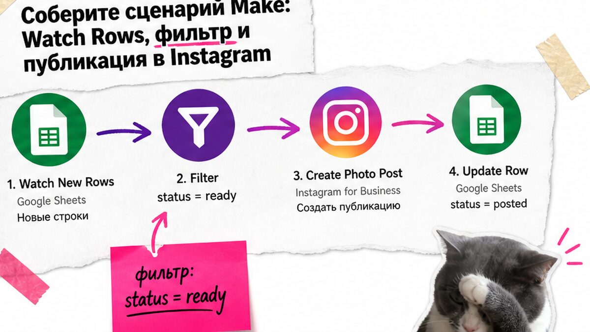 Схема сценария Make: Watch Rows, фильтр ready, публикация в Instagram