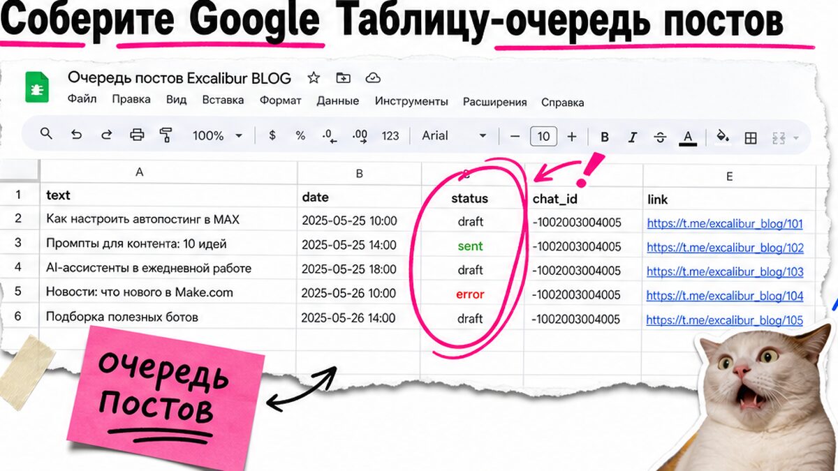 Google Таблица-очередь постов для автопостинга в MAX