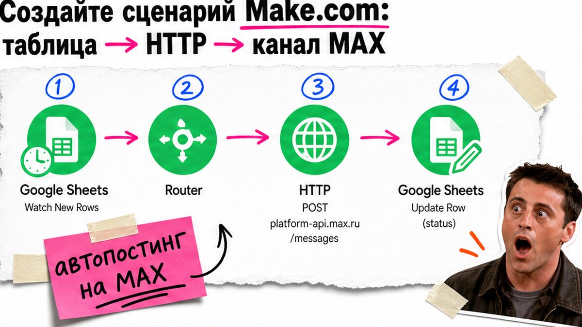 Схема сценария Make.com: Google Таблица, HTTP POST и канал MAX