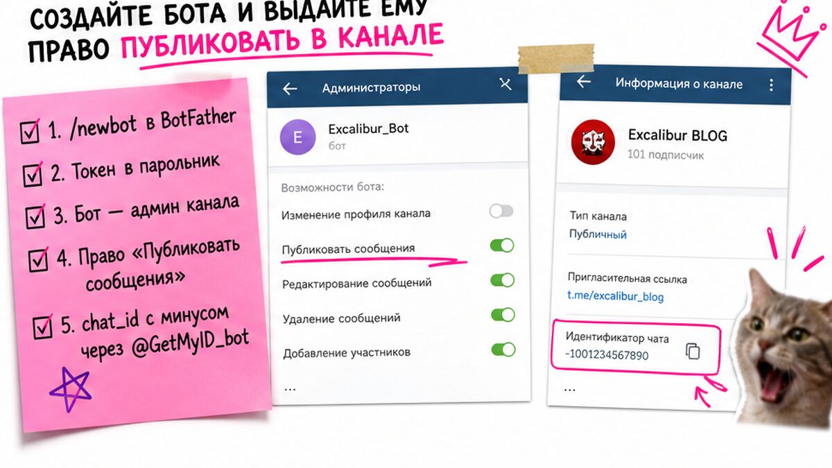 Чеклист настройки Telegram-бота: BotFather, права админа канала и chat_id