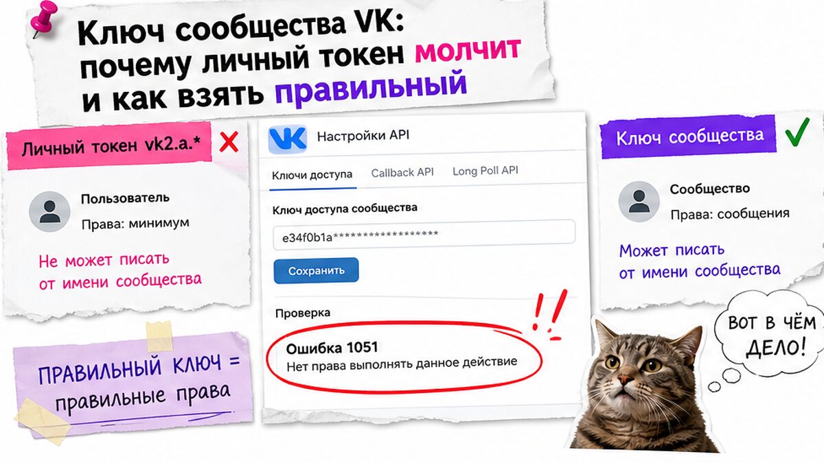 Сравнение: личный токен VK vs ключ сообщества — почему возникает ошибка 1051