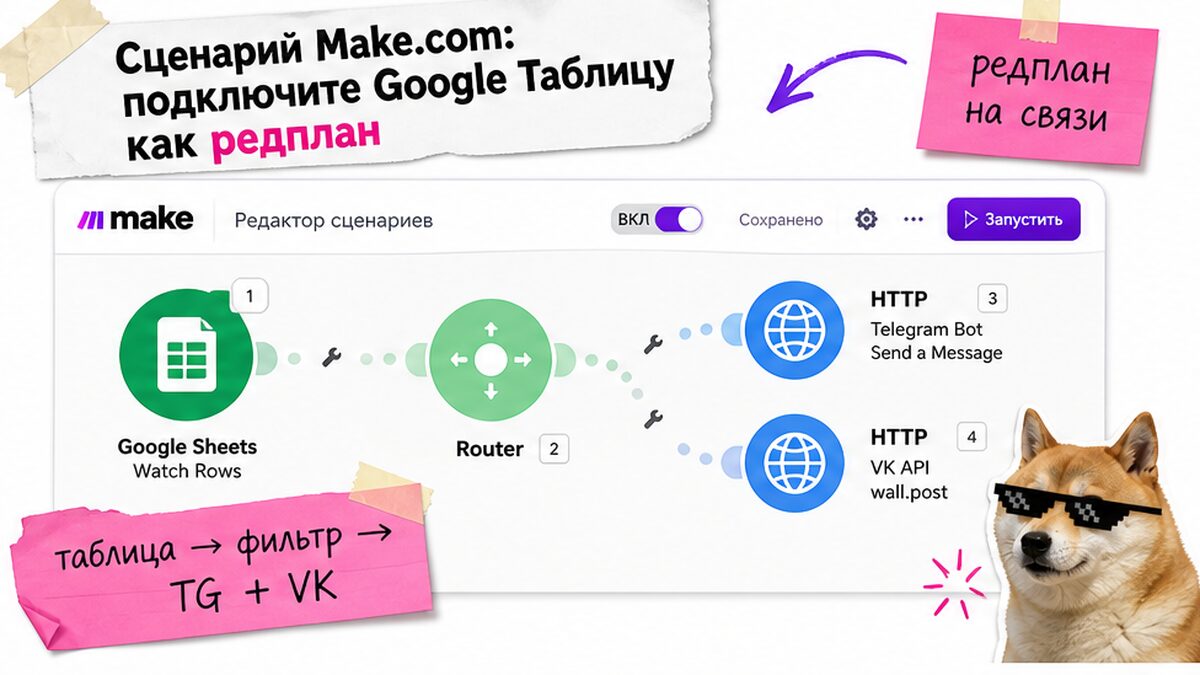 Скриншот сценария Make.com: Google Таблица → Router → Telegram + VK за один запуск