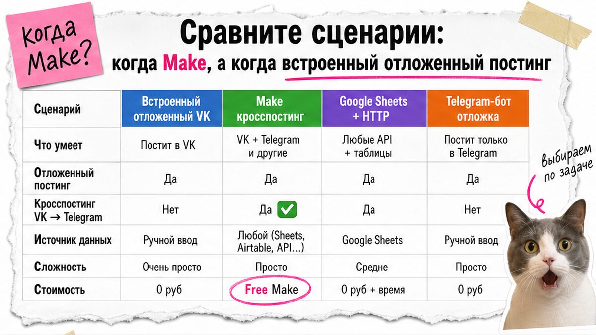 Таблица сценариев автопостинга: когда Make, а когда встроенный отложенный постинг VK