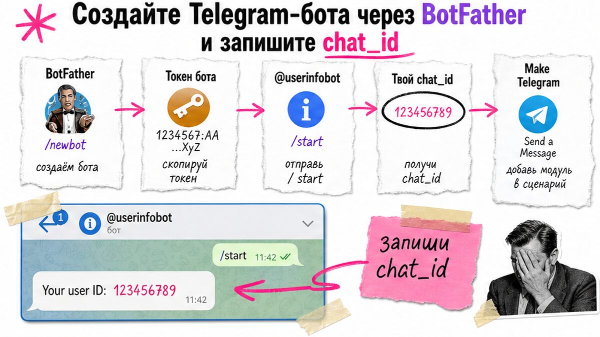 Схема шагов: создание Telegram-бота через BotFather и получение chat_id для Make