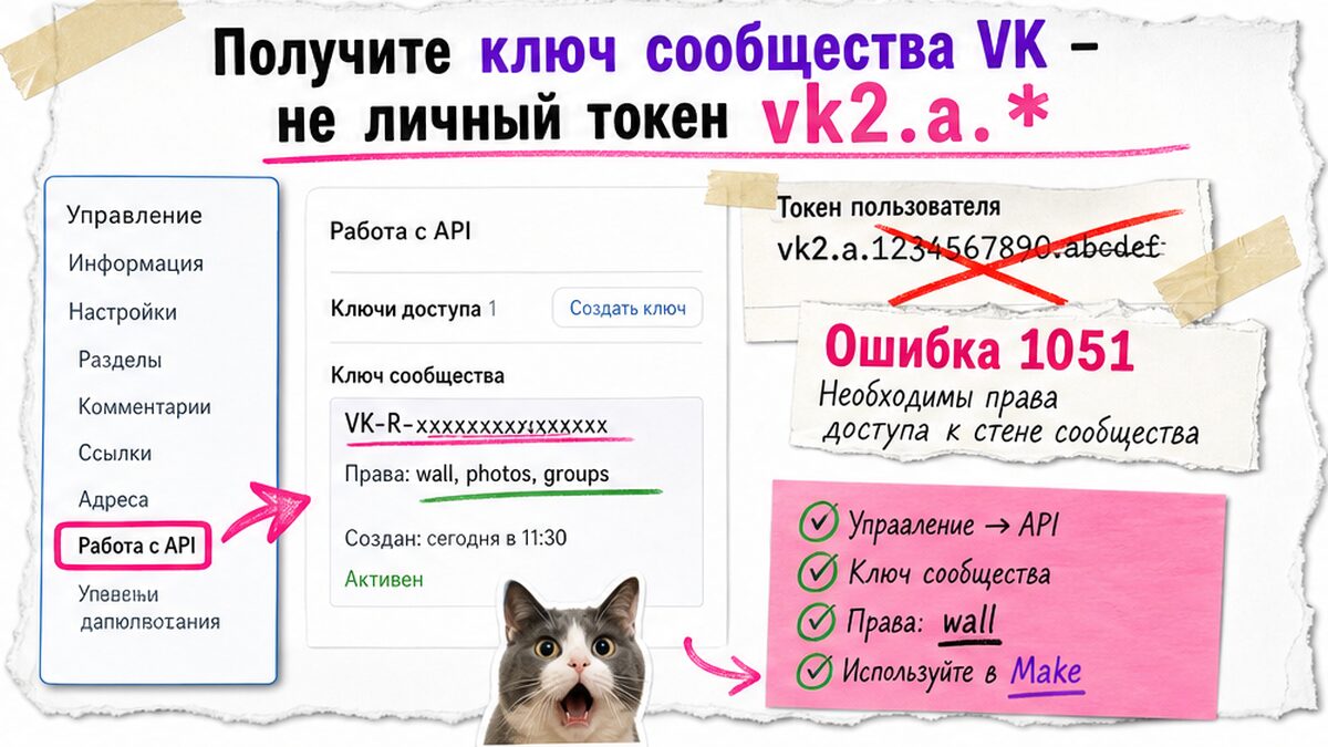 Чеклист: ключ сообщества VK вместо личного токена vk2.a.* для wall.post