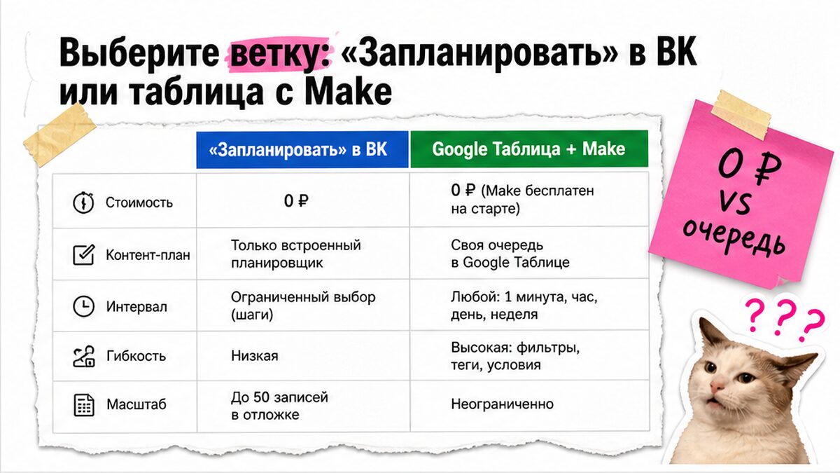 Сравнение: встроенное «Запланировать» в ВК и Google Таблица с Make