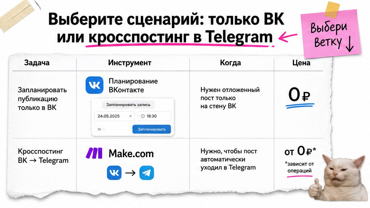 Сравнение сценариев: отложенный постинг ВК или кросспостинг в Telegram через Make