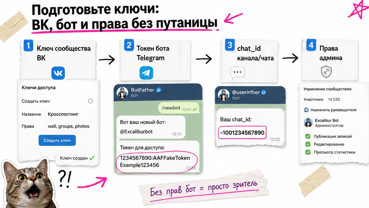 Workflow подготовки ключей ВК, Telegram-бота и прав доступа