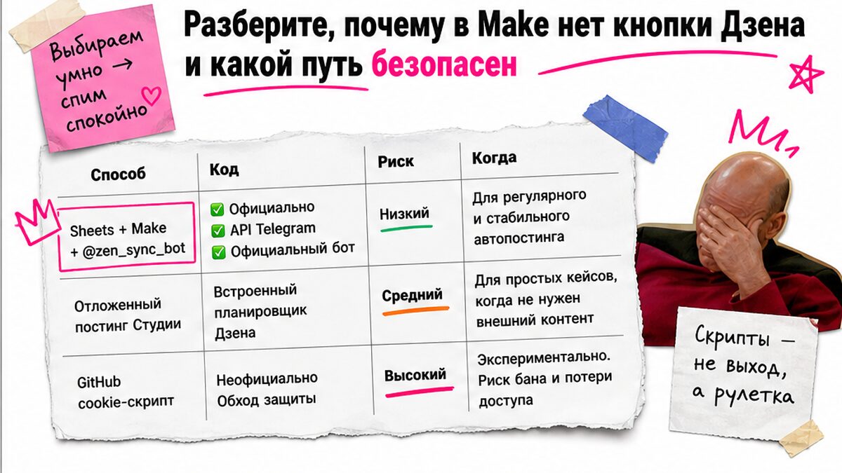 Сравнение способов автопостинга в Дзен: Make+Синхробот, Студия и cookie-скрипты