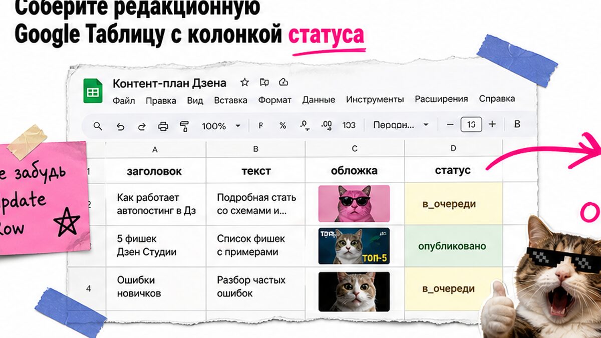 Google Таблица для автопостинга: колонки контента и статуса в_очереди
