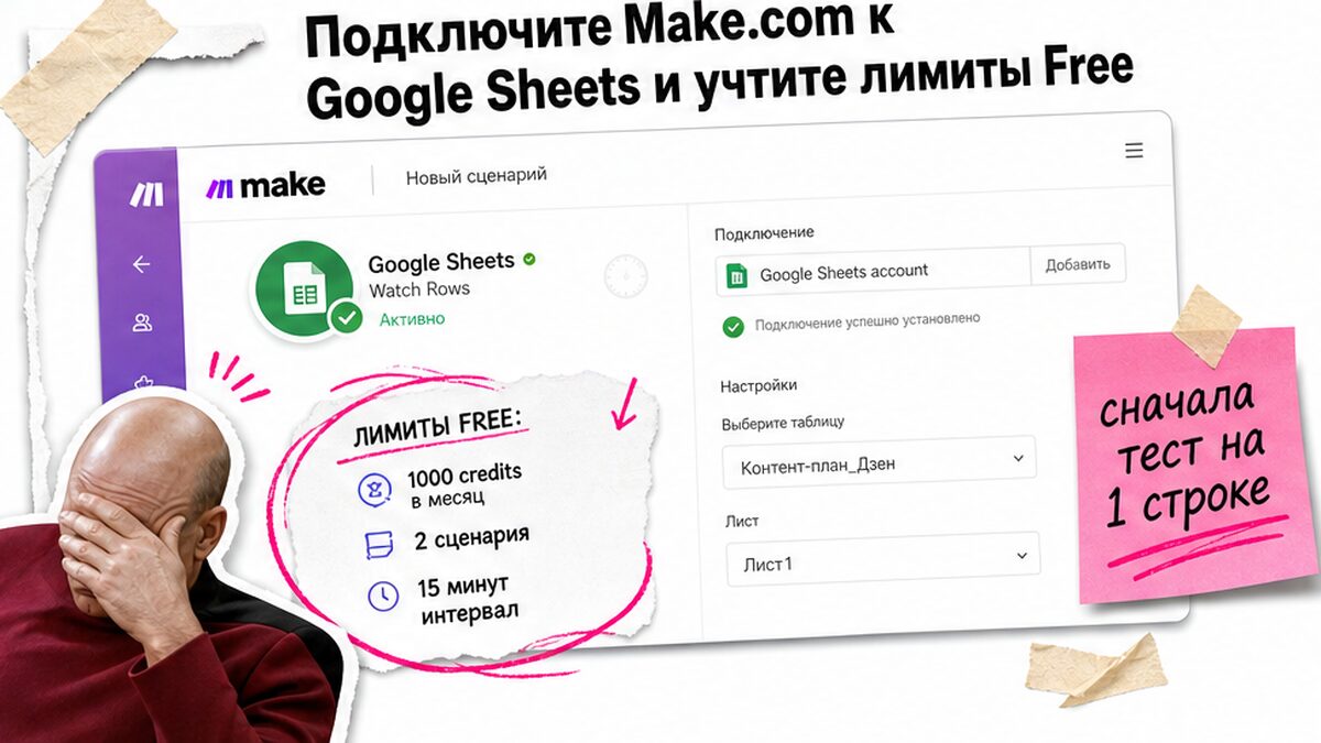 Скриншот сценария Make.com с Google Sheets и лимитами бесплатного тарифа