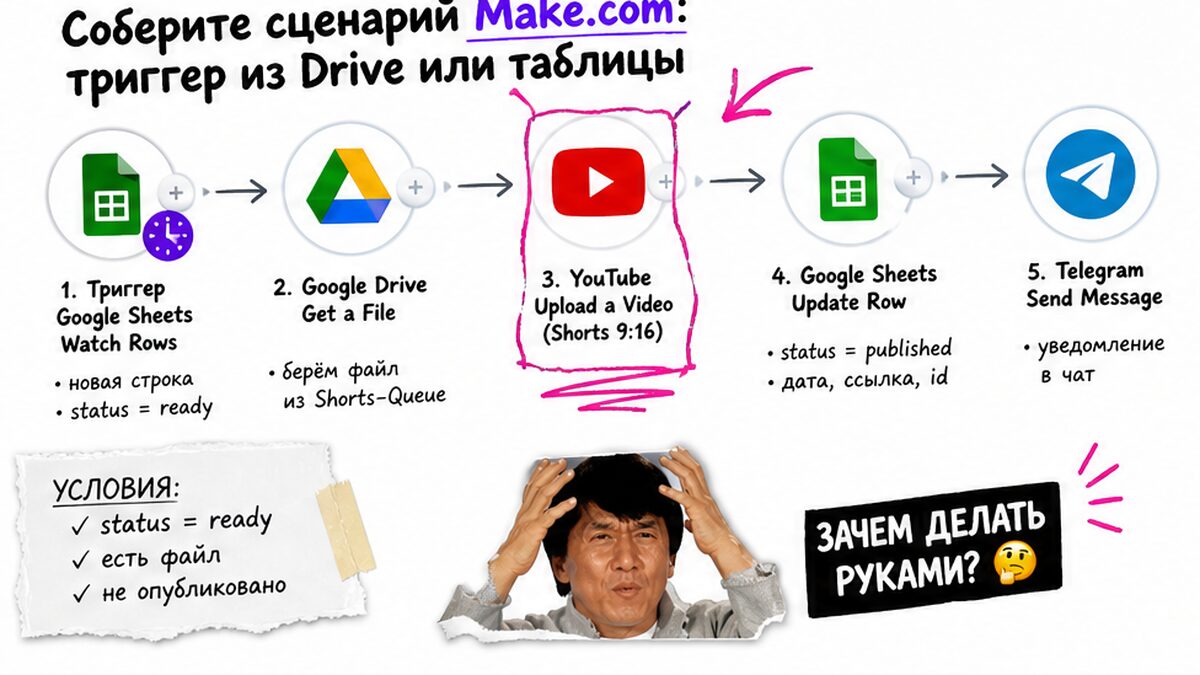 Схема сценария Make.com: триггер из таблицы или Drive, загрузка Shorts на YouTube, статус и Telegram