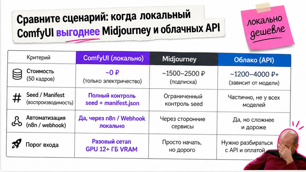 Сравнение локального ComfyUI и облачных API: стоимость серии, воспроизводимость seed, автоматизация n8n