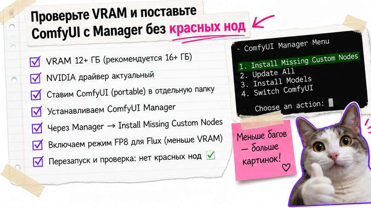 Чеклист установки ComfyUI: VRAM, Manager, custom nodes без красных нод