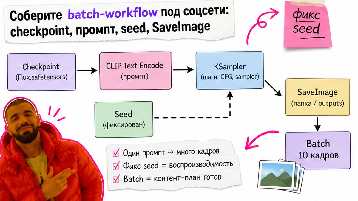 Схема batch-workflow ComfyUI: checkpoint, промпт, seed, SaveImage для соцсетей