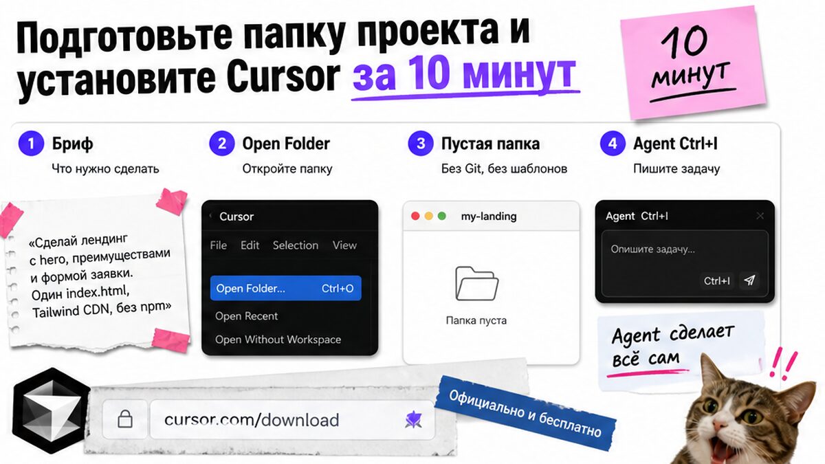 Подготовка к лендингу: папка проекта, скачивание Cursor и первые шаги за 10 минут