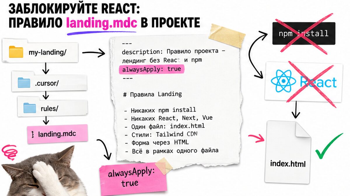 Схема workflow: правило landing.mdc блокирует React и npm в проекте