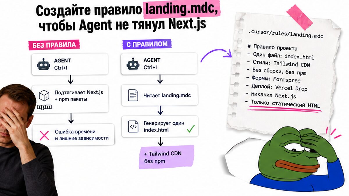 Схема: правило landing.mdc останавливает Next.js и держит один index.html