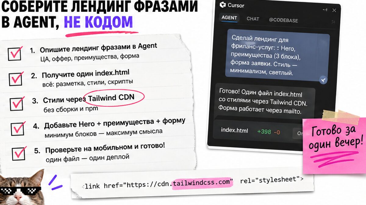 Чеклист сборки лендинга фразами в Cursor Agent без ручного кода