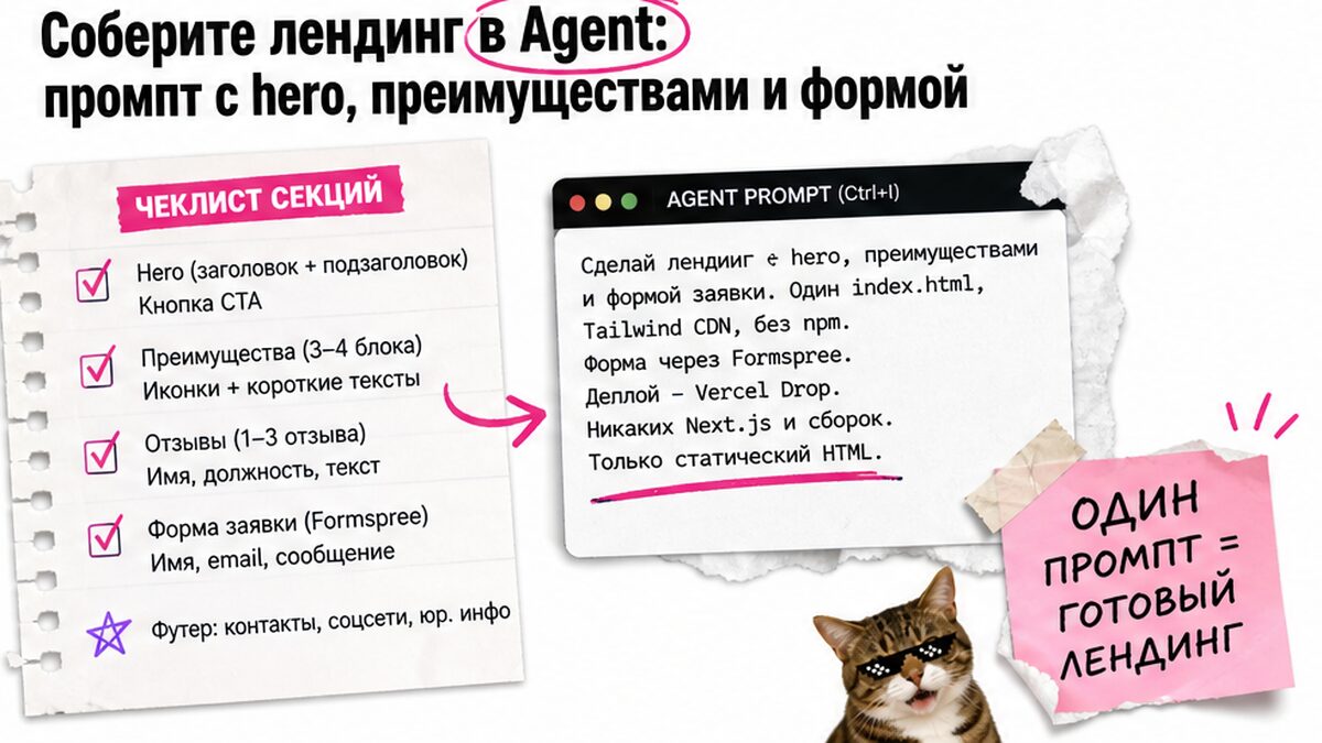 Чеклист секций лендинга для промпта в Agent: hero, преимущества, отзывы, форма