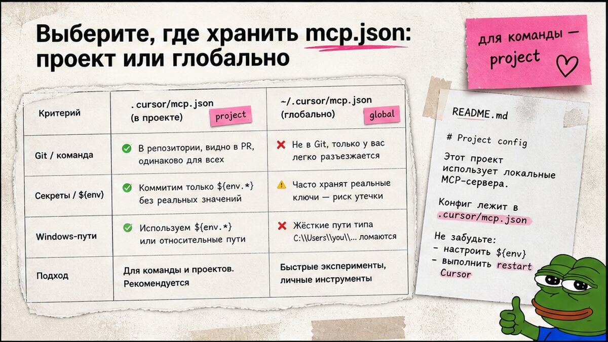 Сравнение project vs global mcp.json для команды в Cursor