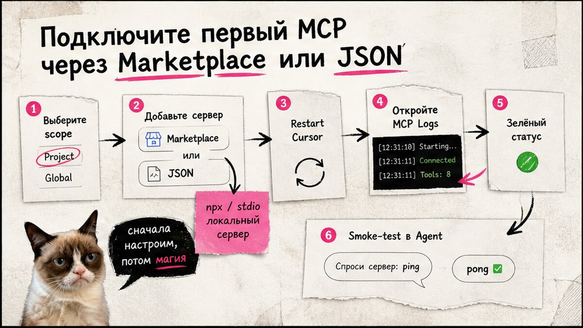 Workflow подключения первого MCP через Marketplace или mcp.json