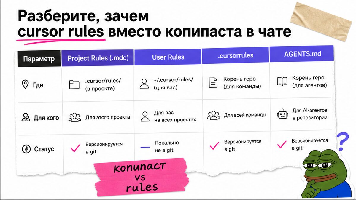 Таблица сравнения типов Cursor rules: Project, User, .cursorrules и AGENTS.md