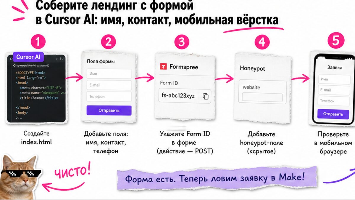 Workflow: лендинг с формой в Cursor AI — имя, контакт, мобильная вёрстка