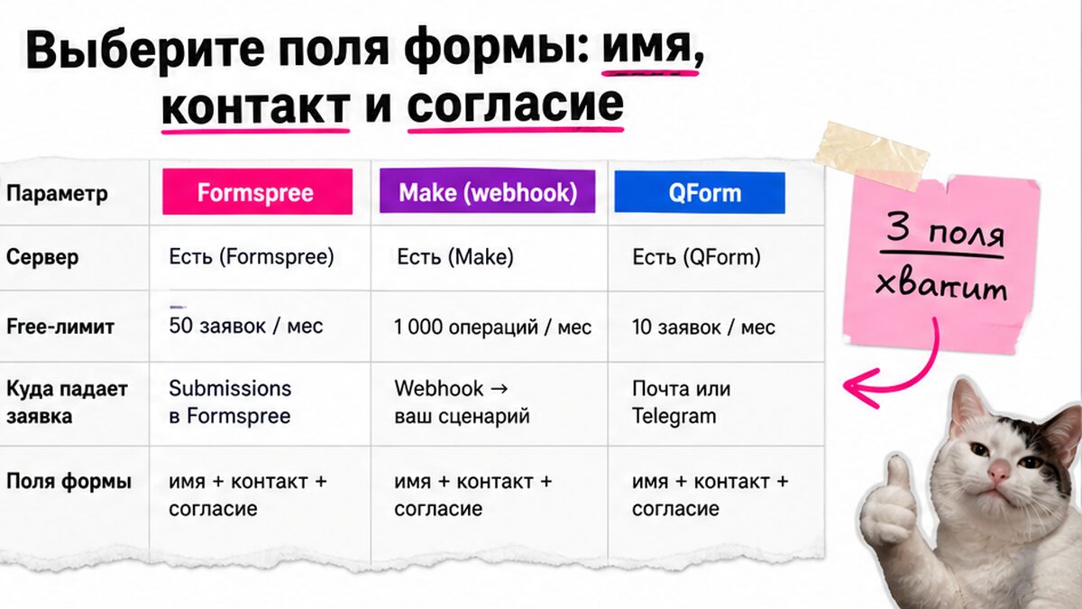 Сравнение Formspree, Make и QForm: поля формы имя, контакт и согласие
