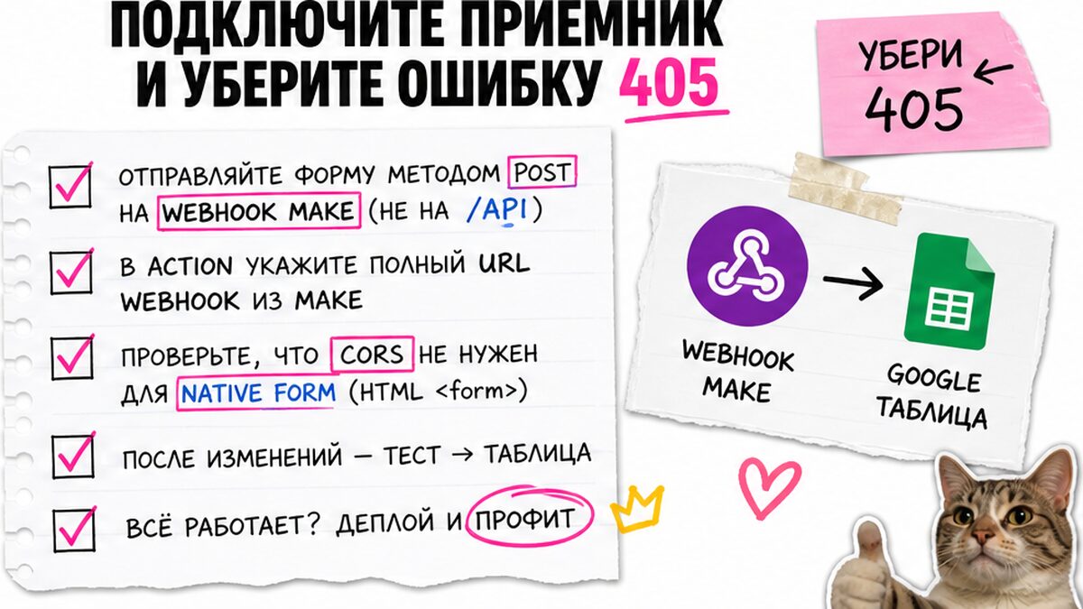 Чеклист отладки: подключить приёмник Formspree или Make и убрать ошибку 405