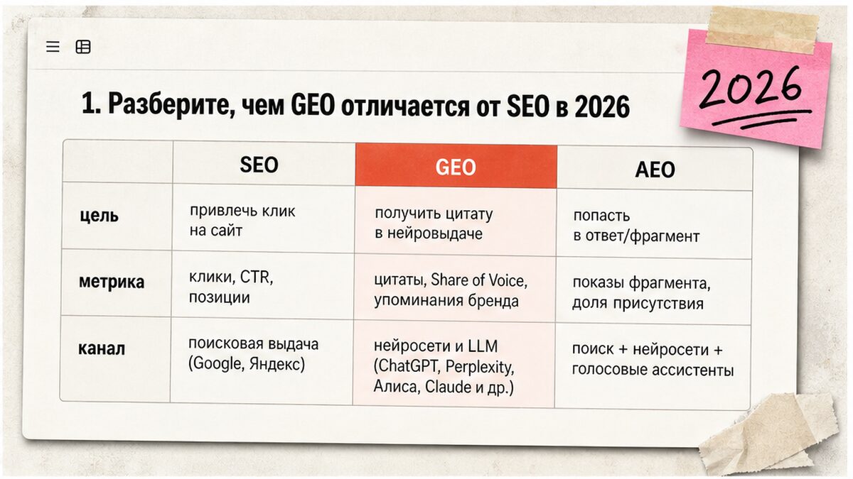 Сравнительная таблица SEO vs GEO vs AEO: чем отличаются в 2026
